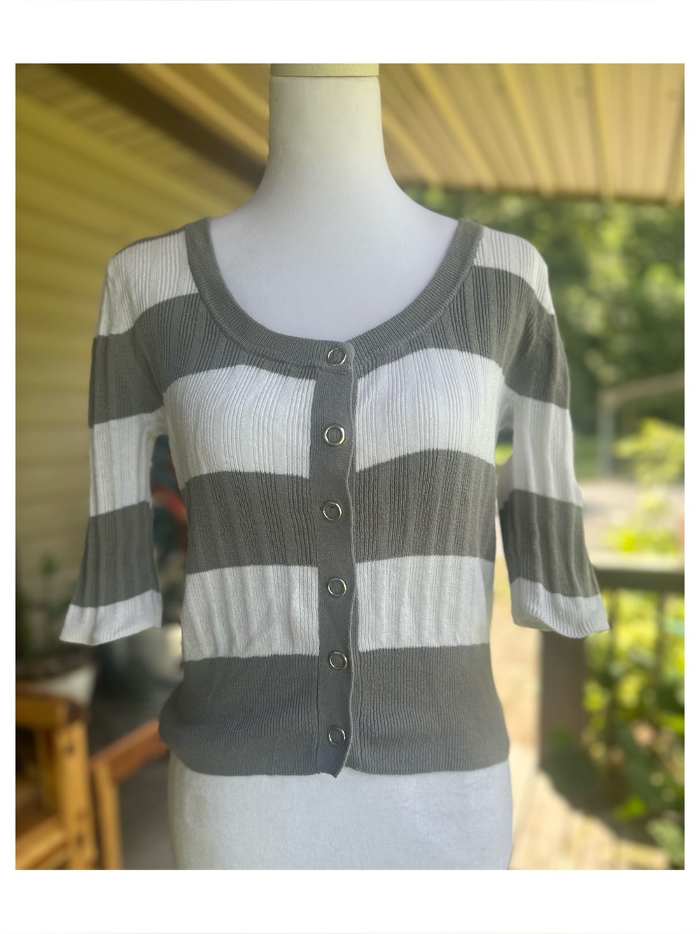 Arizona Jean Company Gray and White Striped Cotton Cardigan Size Small